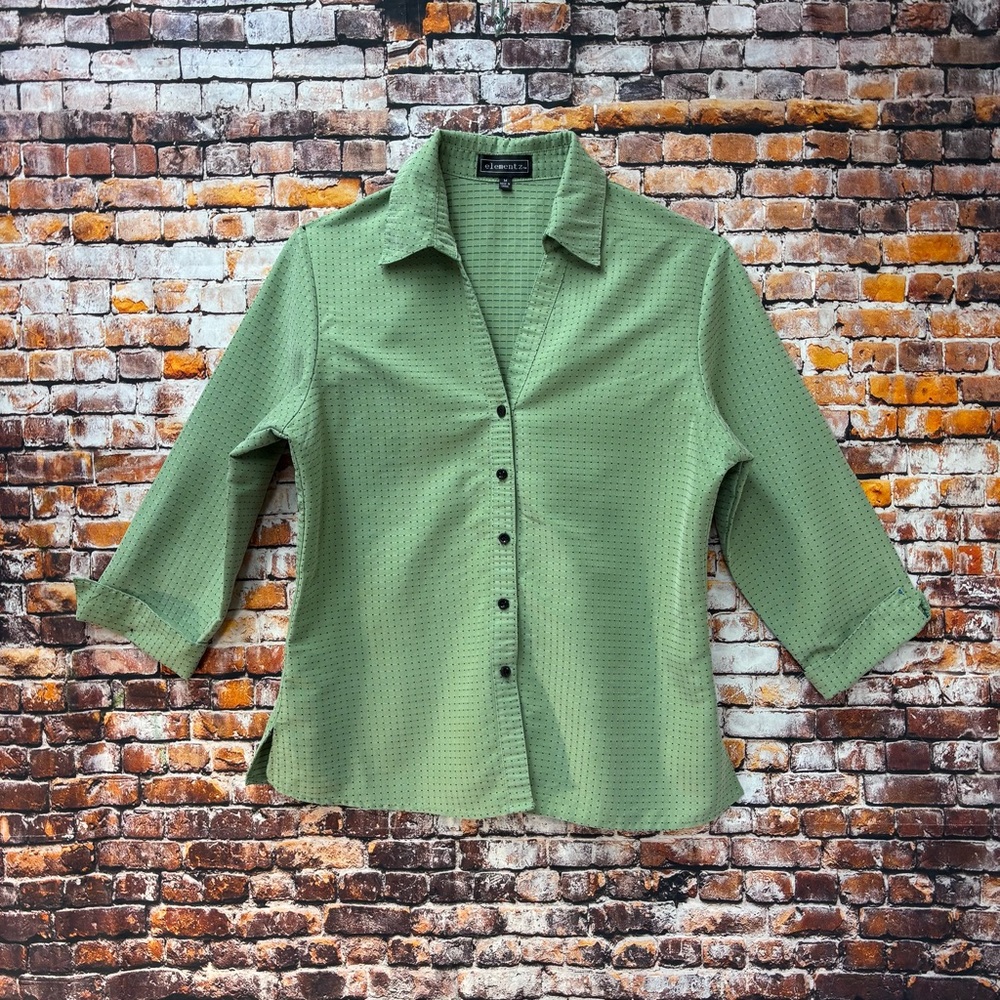 Elementz Women Sz M Green Dot Blouse 3/4 Sleeve Fitted